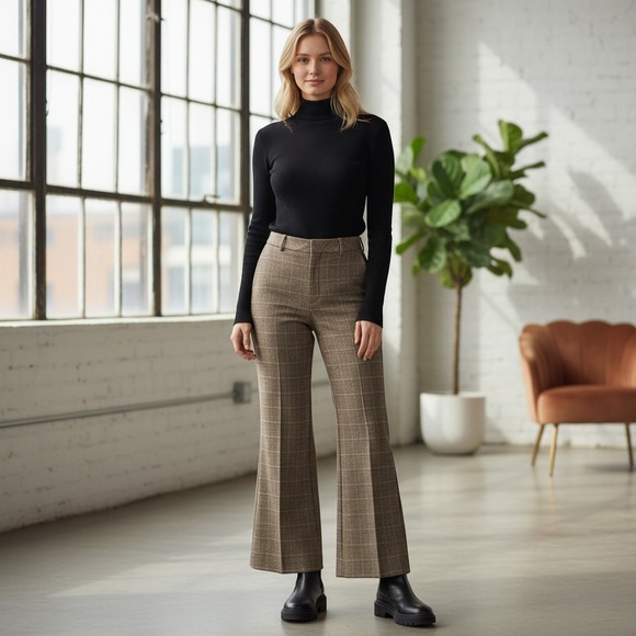 Tahari Pants - Tahari Women Brown Plaid Virgin Wool Blend Wide Leg Dress Pants Size 12